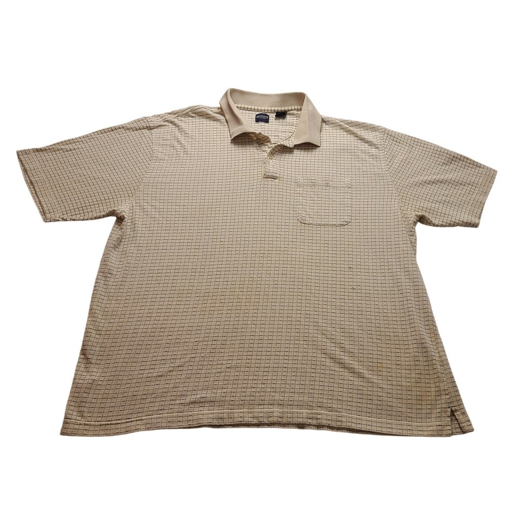 Arrow USA 1851 Men's XXL Polo Shirt Cream Grid Pattern Short Sleeve Cotton Blend